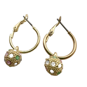 Gold and pastel rhinestone studded bauble dangle hoop earrings